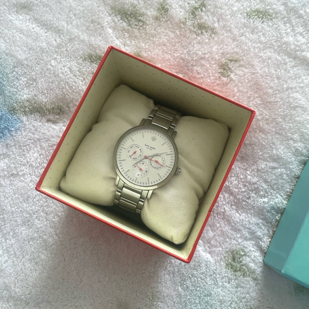 Kate Spade Silver Gramercy Watch with Pink Detailing